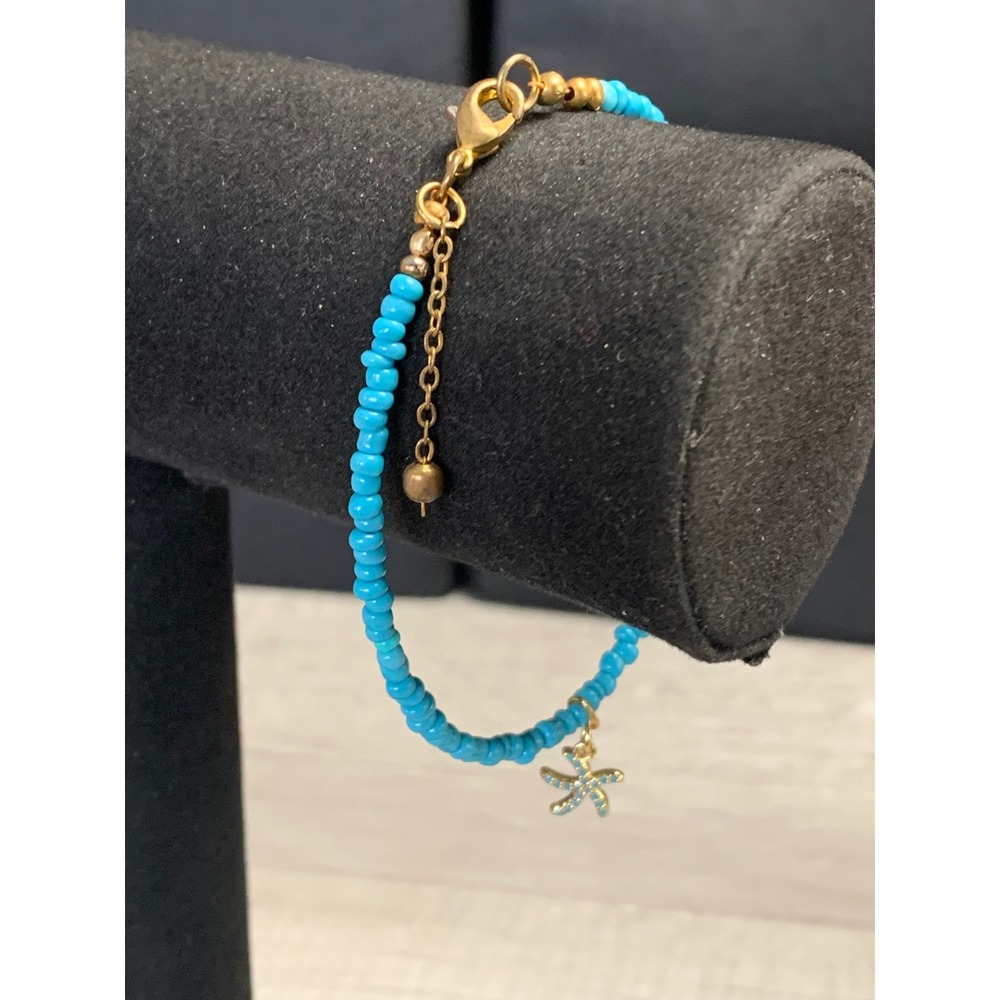 Turquoise Blue Seed Bead Starfish Charm Bracelet Gold Tone Adjustable 8 Inch